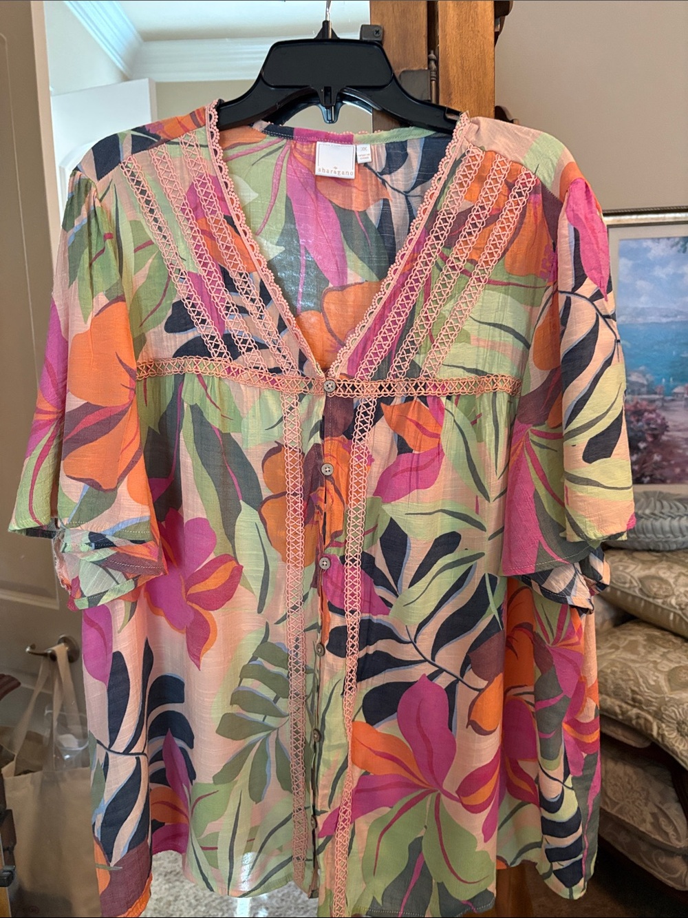 Sharagano Floral Lace-Trim Button Front Blouse - Pink, Green & Orange